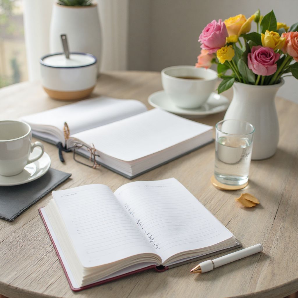 Morning routine planning with journal and water